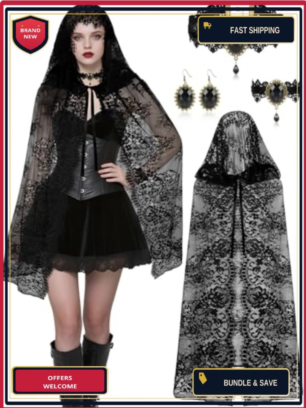 Halloween Witch Costume Set Hooded Lace Cape Necklace Bracelet Earrings